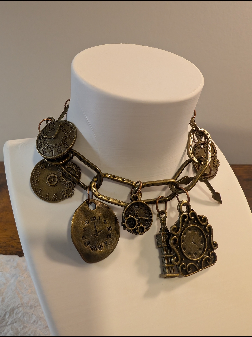 "About Time" Antique Brass Charm Bracelet with Clock Charms